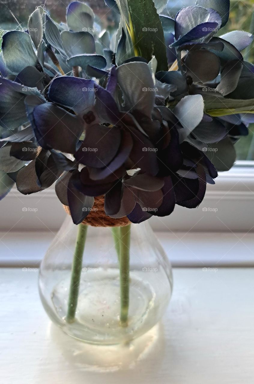 vase of flowers on the window sill with the light reflecting from the glass