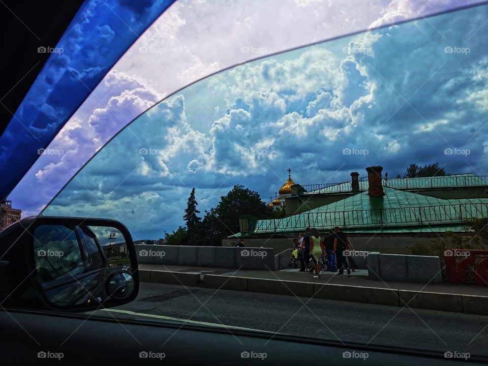 City moscow center town day sky moody road way view window car building mirror
