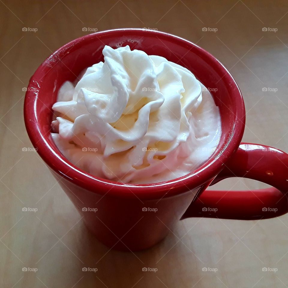 Hot Cocoa In Red Mug, Whipped Cream
