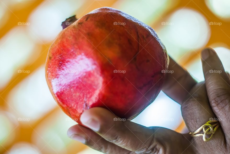 A woman's hand holding pomegranate