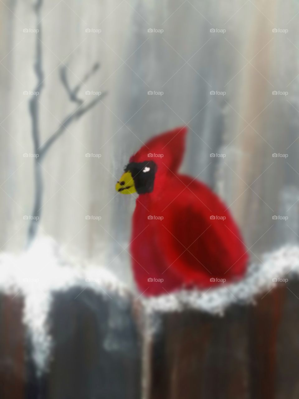 chubby fat Angry Red Cardinal snow fence