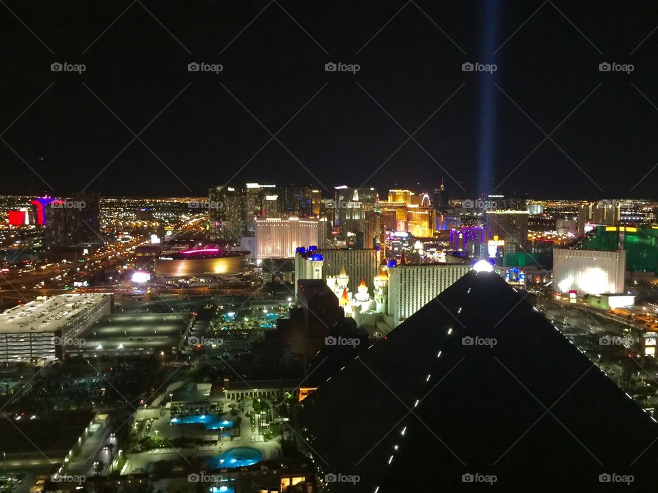 View of Las Vegas Strip from rooftop lounge at Mandalay Bay Hotel in Las Vegas, Nevada