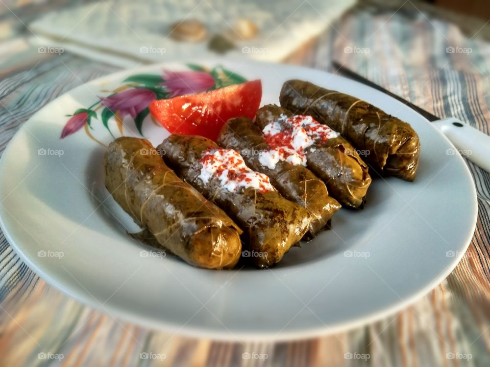 homemade food, grape leaf cabbage rolls