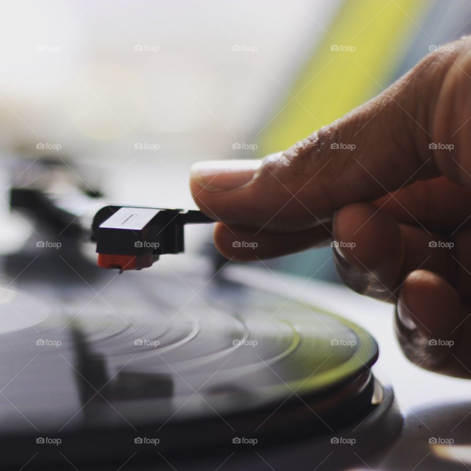 Close up of my hand playing a classic record