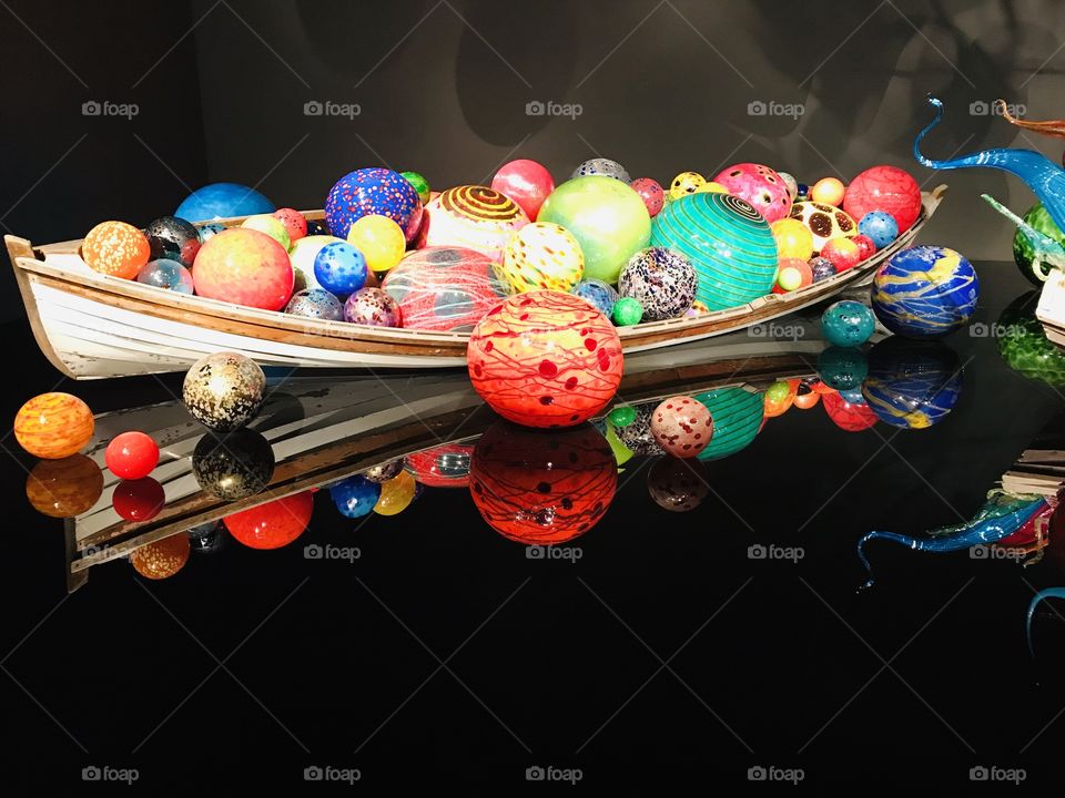 Gorgeous displays of Chihuly Glass with black backgrounds make the colors in the glass really stand out! 