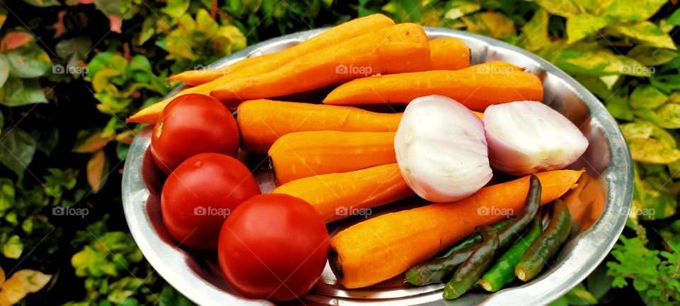 Tomato, Carrot, Onion and Chilly still life.