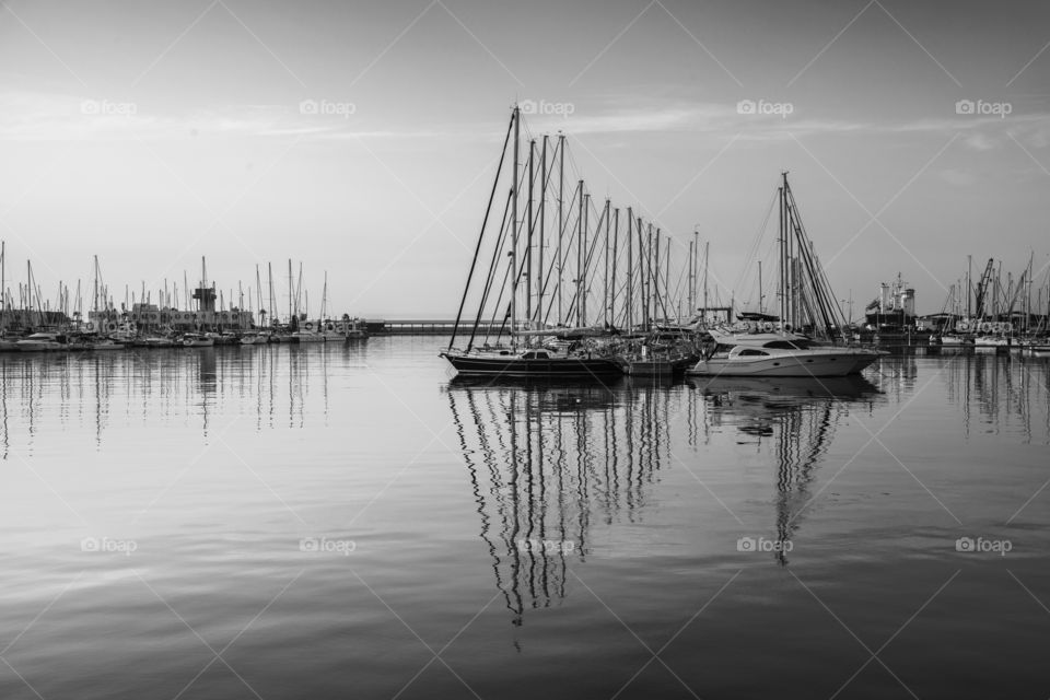 Black and white view of yachts in Alicante, Spain