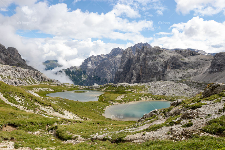 Dolomites Italy- view on 2 glacier lakes high up in the mountain