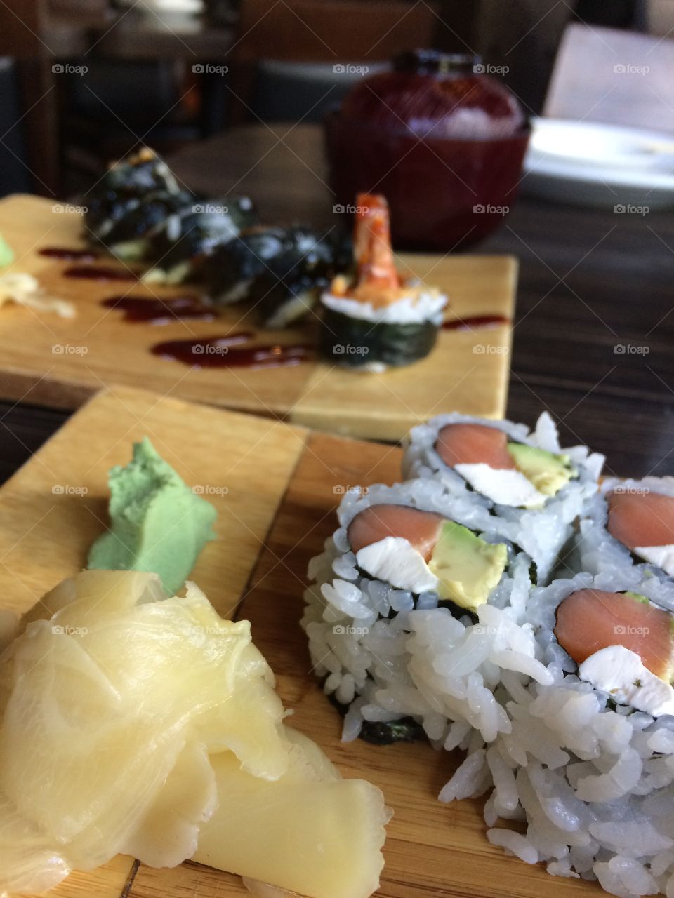 Sushi, ginger, and wasabi