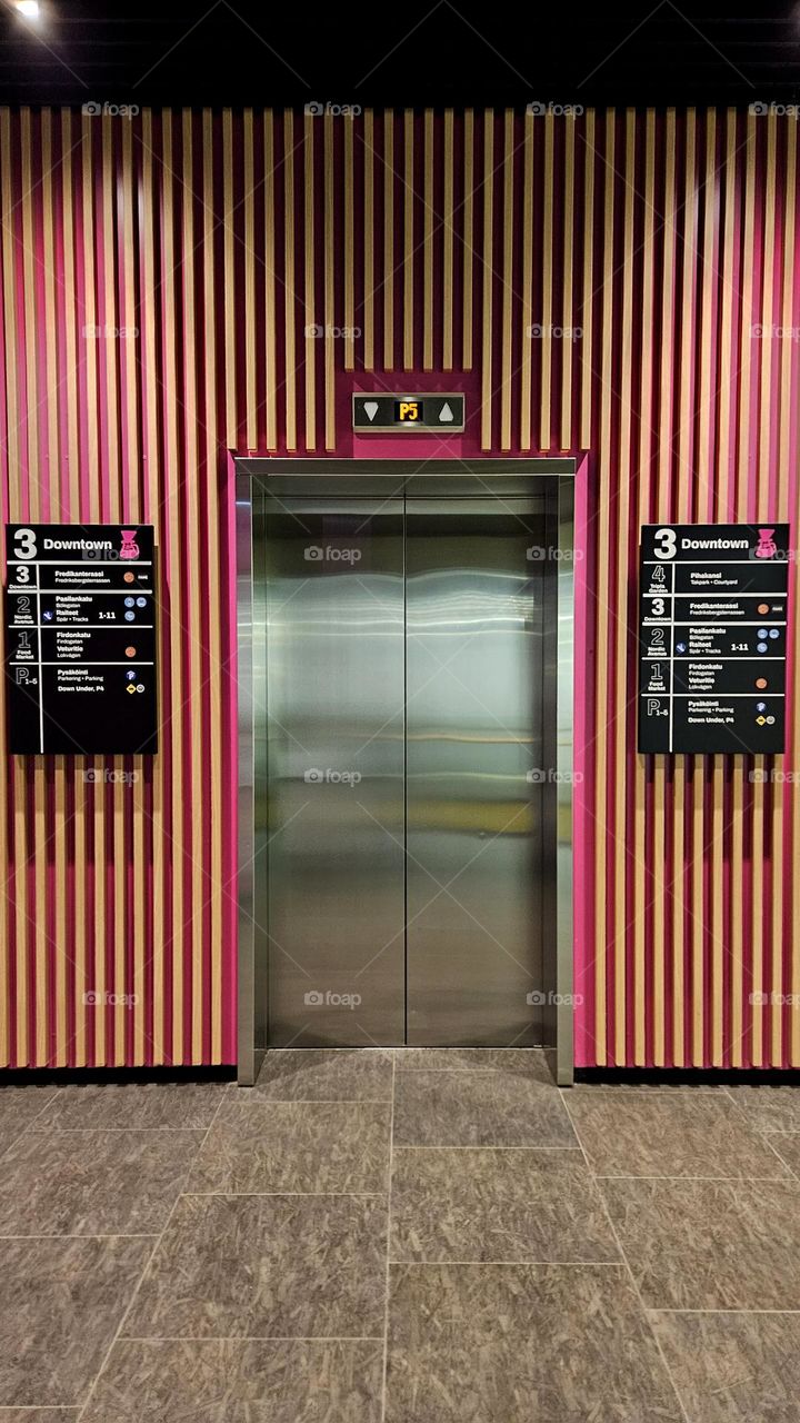 An architectural elevator corridor in the Finnish capital Helsinki, Pasila's new shopping center in Tripla