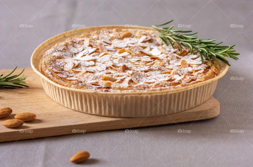 Selective focus to homemade almond pie on the table.