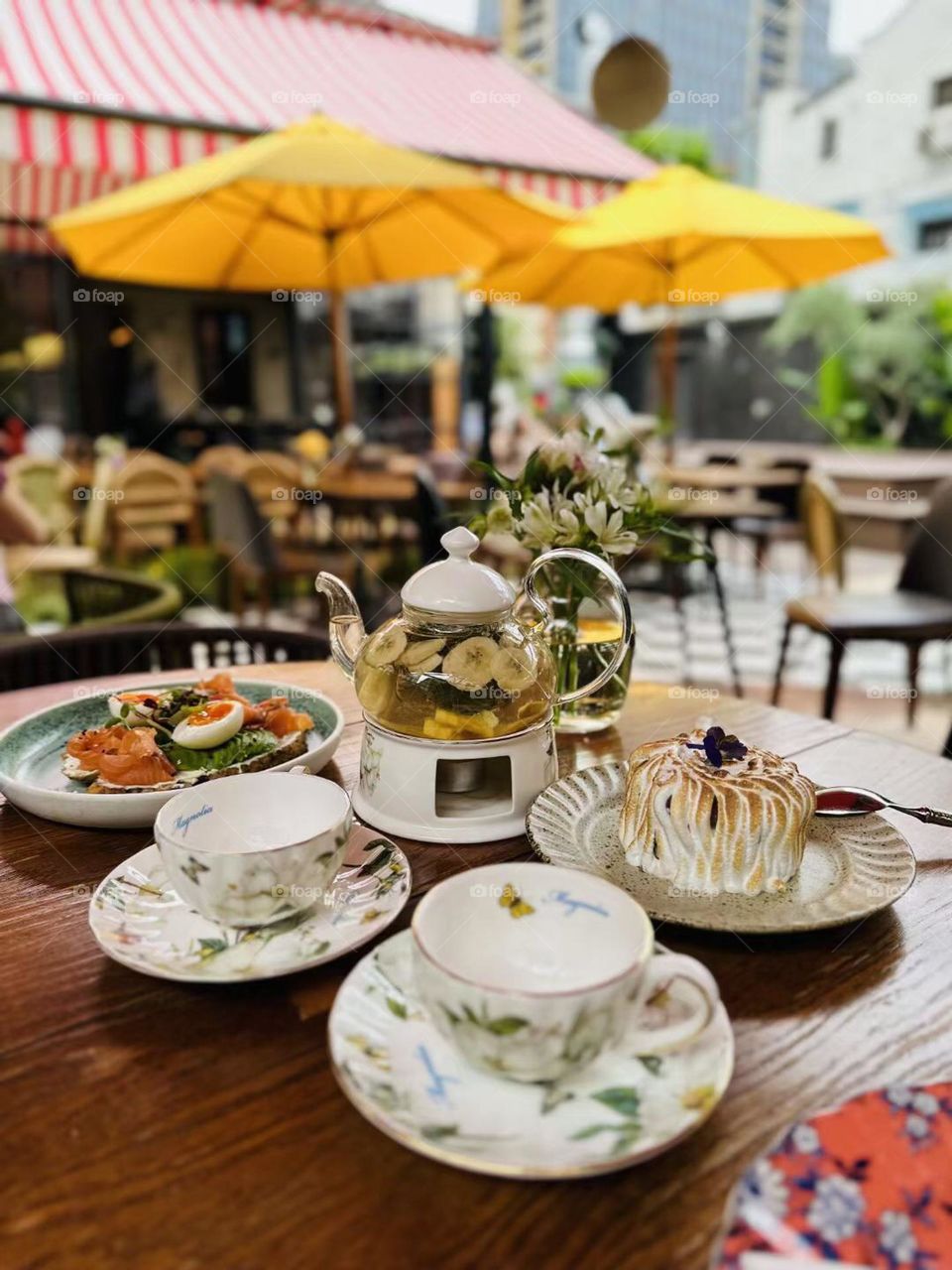 Tea and cake in the afternoon summer.