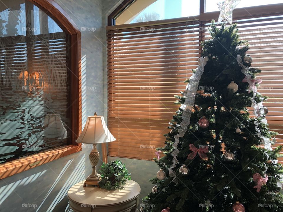 Sun through blinds with Christmas tree and lamp