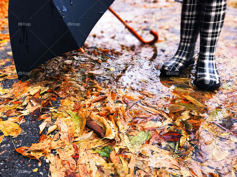 Feet in rubber boots and wet umbrella standing on the wet road covered by fallen autumn leaves during the rainy day 
