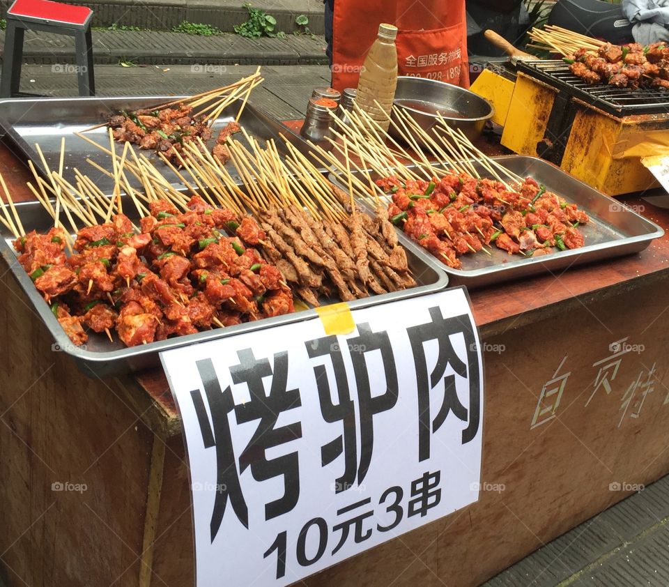 Barbecue donkey meats, Chengdu, Sichuan, China

When traveling in Sichuan China, we tried some local food. Some were for tourists so the qualities were not very good; some were too strange for us, but there were always some good tasting foods. Eating like local was a great experience when traveling. We had no stomach issues after trying some of these street foods, but were not brave enough to try any cooked insects. 
