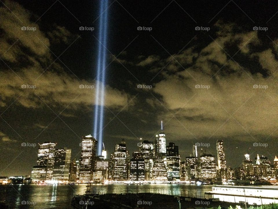  NYC with 9/11 memorial lights