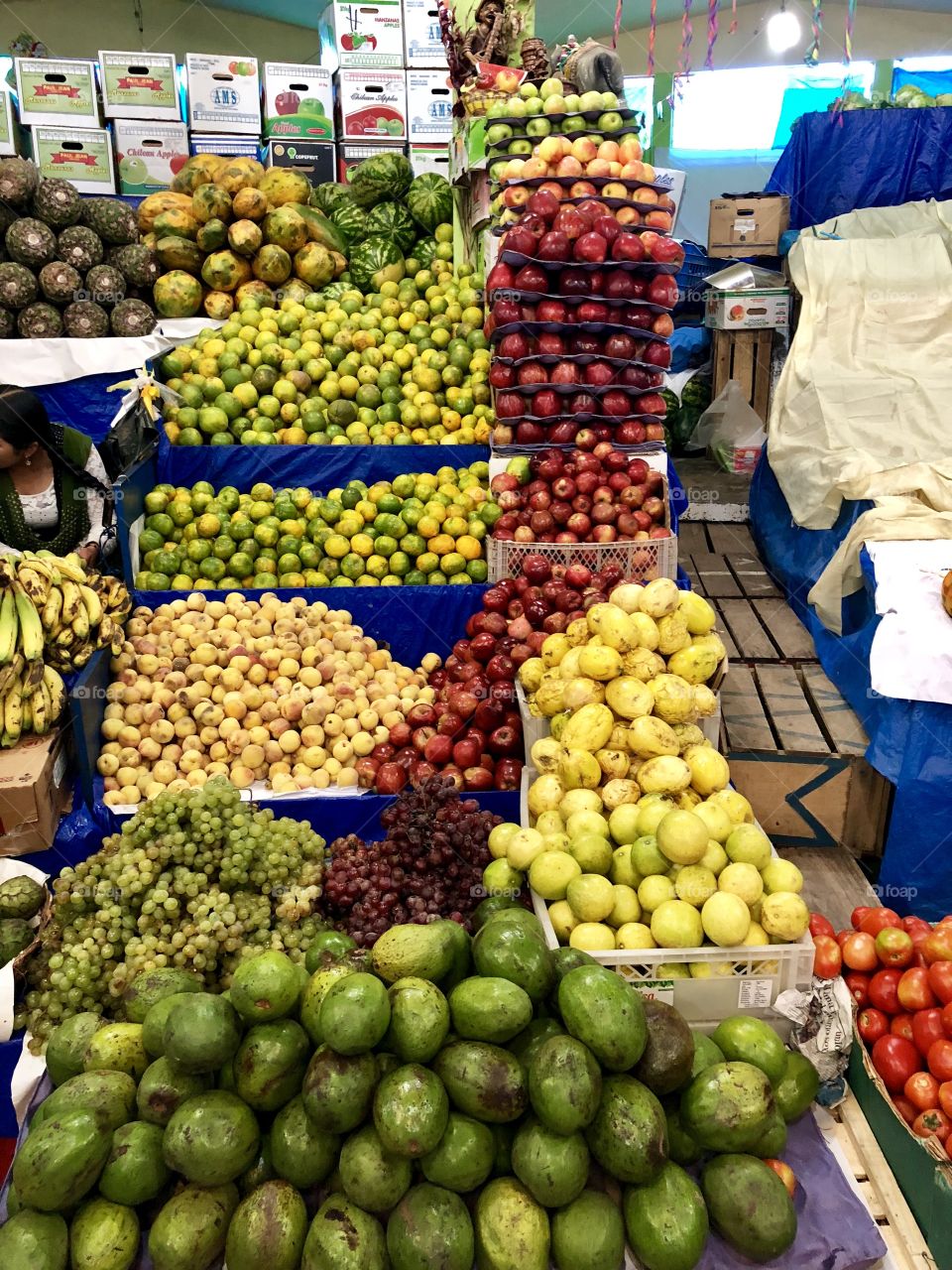 A variety of fresh fruit at a local market. 
