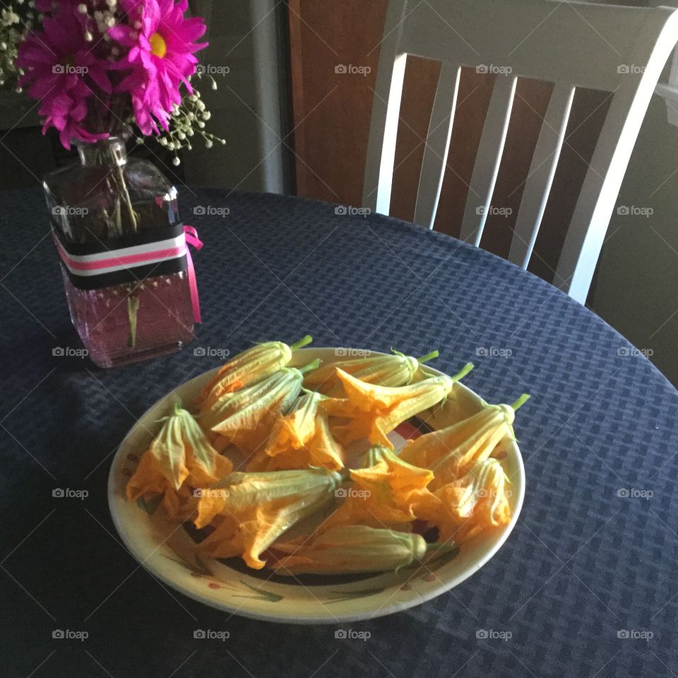 Fresh picked and fried zucchini flowers