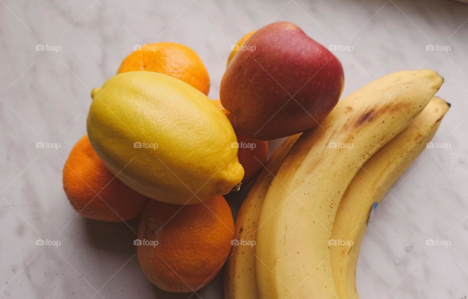 fruits, apple, tangerines, lemon, bananas