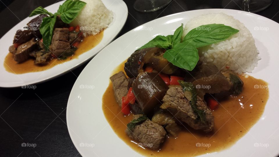 thai basil and beef dish with white rice