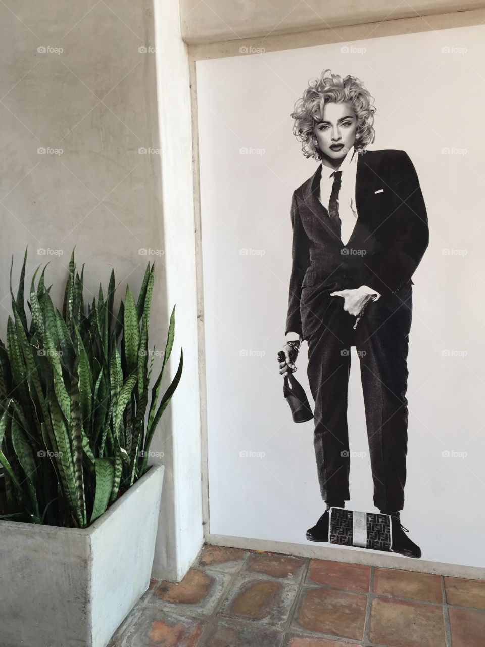Madonna in a Suit. Store wall with Madonna image wearing a suit