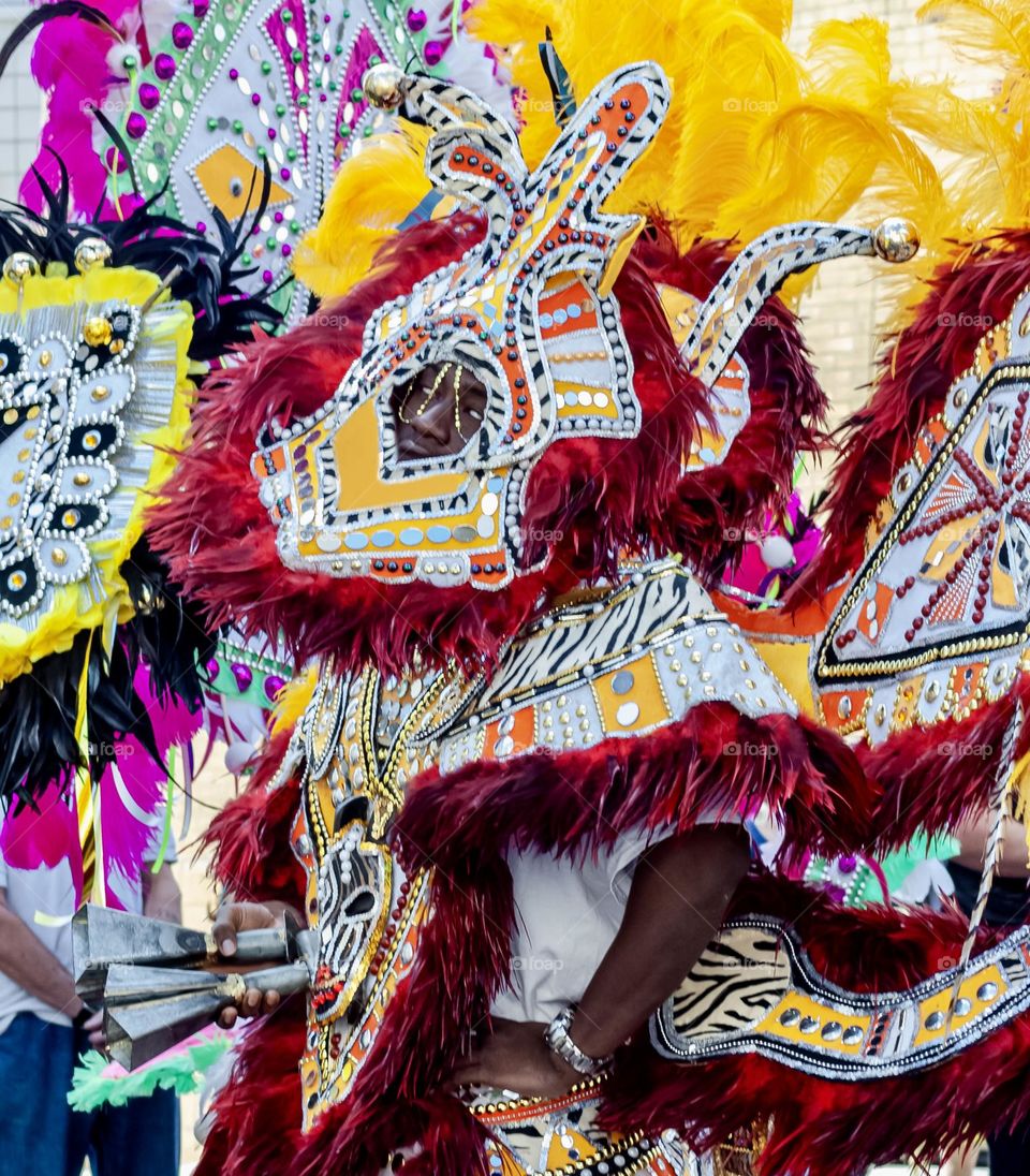Members of Junkanoo a Bahamian traditional carnival troupe in full costume 