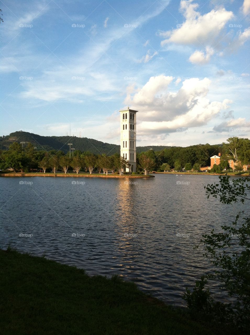A view of the Bell Tower across the lake at Furman University, Greenville, SC.