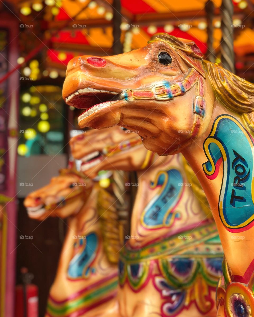 Taken at a funfair, it’s a close up / foreground and blurred background image of a carousel horse