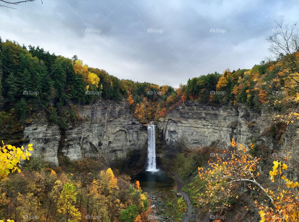 View of Taughannock Falls near Ithaca, NY on a cloudy Fall afternoon.