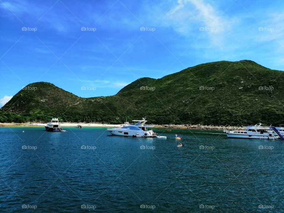 Yachts in the lagoon near Bluff Island, Hong Kong