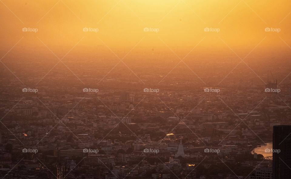 Sunset scene over capital city scape , Bangkok Thailand