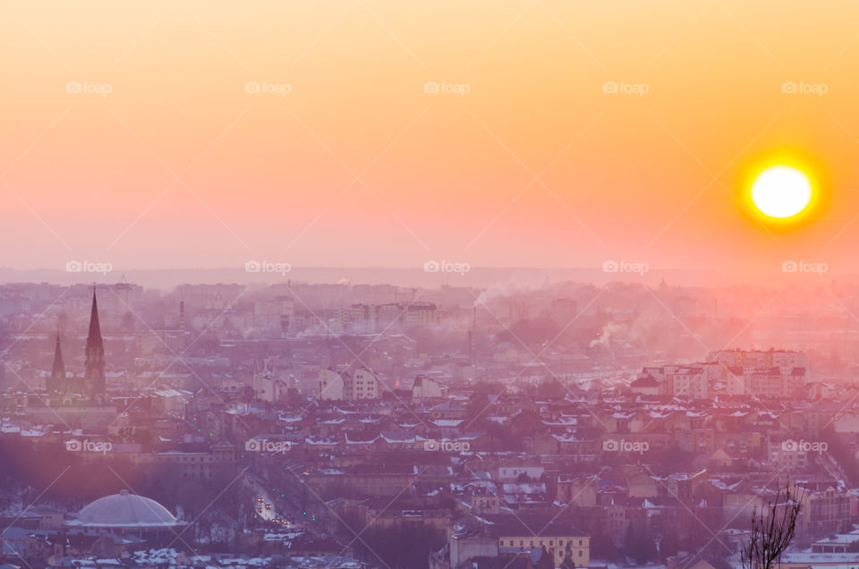 Lviv cityscape during the sunset