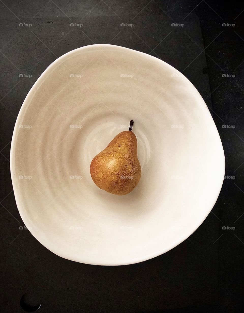 Cottage Art Simplicity, Pear  In A Handmade White Clay Bowl With A Black Background!