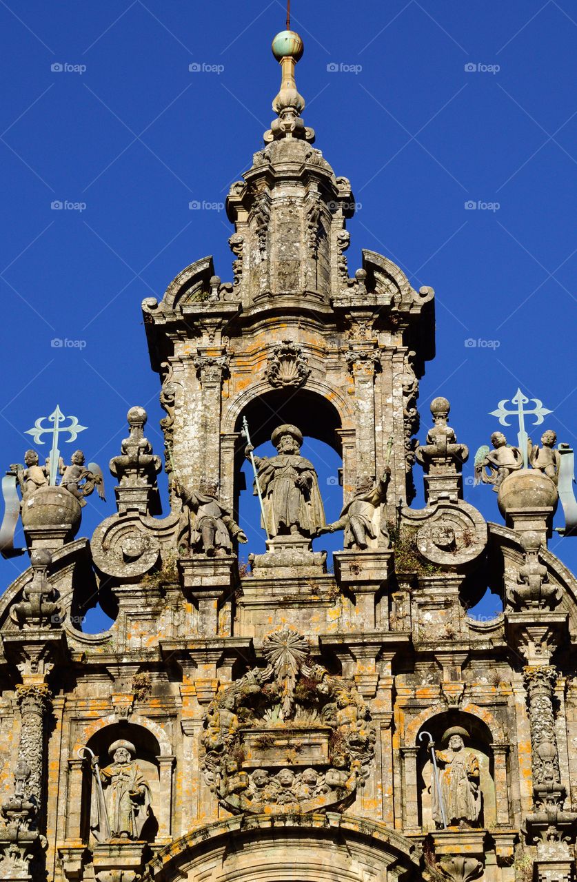Detail of the façade of Santiago de Compostela cathedral. Galicia, Spain.