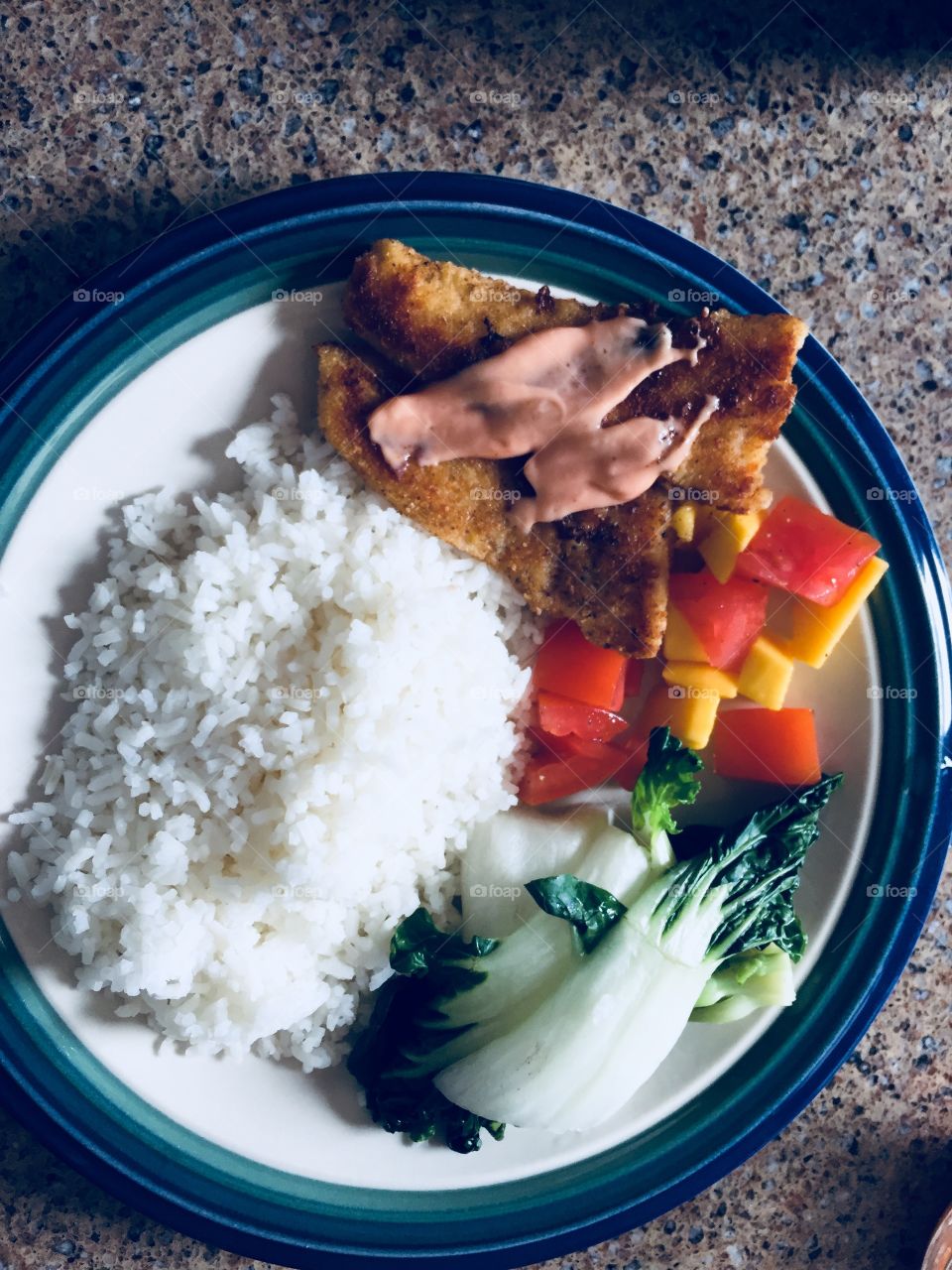 Fish fillet, tomatoes and mangoes, bokchoy and rice