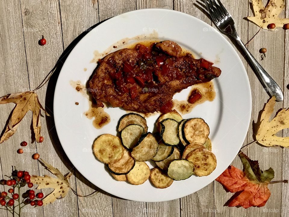 Courgette & Yellow Fried Squash With  Tenderized Chicken Breast With Re and Green Bell Pepper From My Garden And Onion, garlic, and White Wine