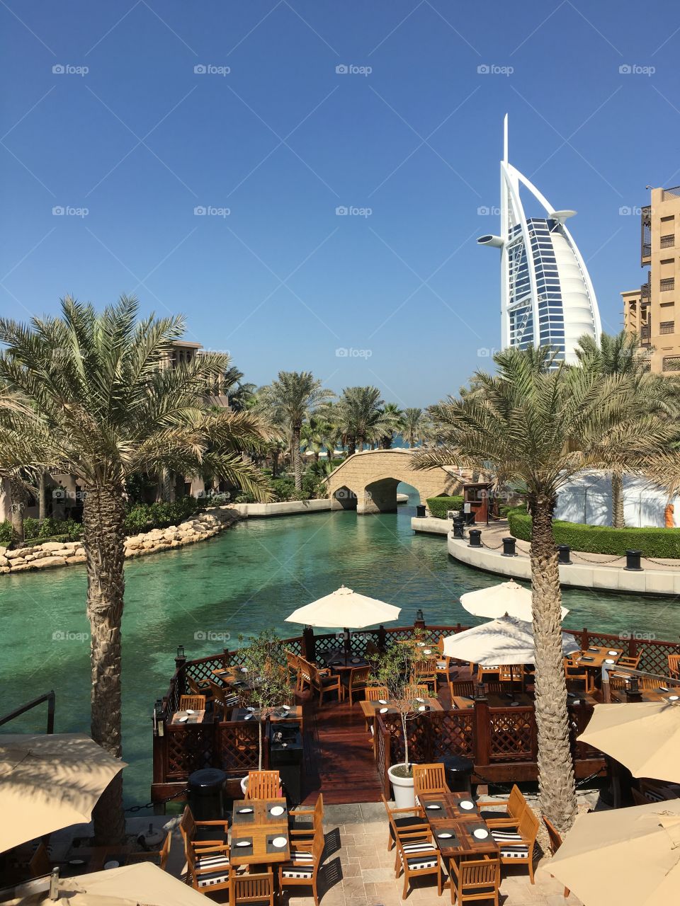 View from Souk Madinat over Burj Al Arab and the creek.
