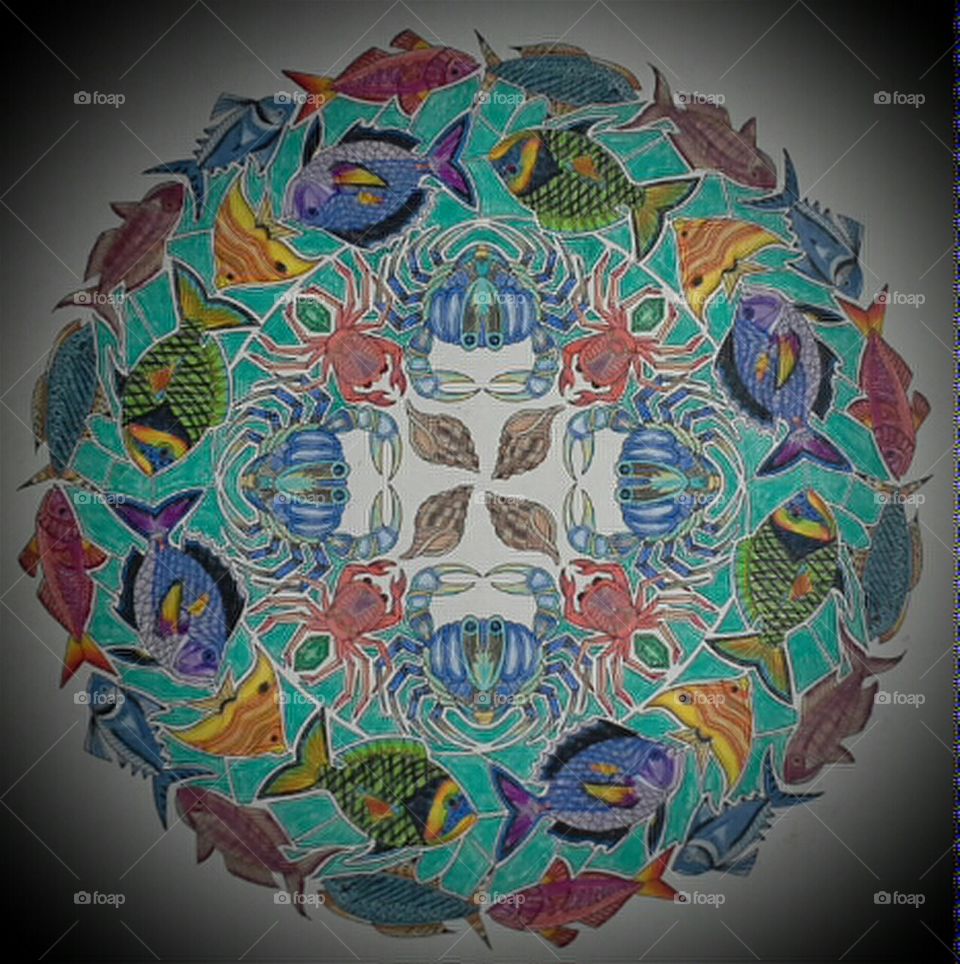 Fish and crab kaleidoscope color pencil art