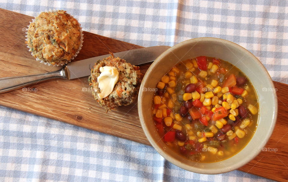Mexican corn stew with carrot and coriander muffins 