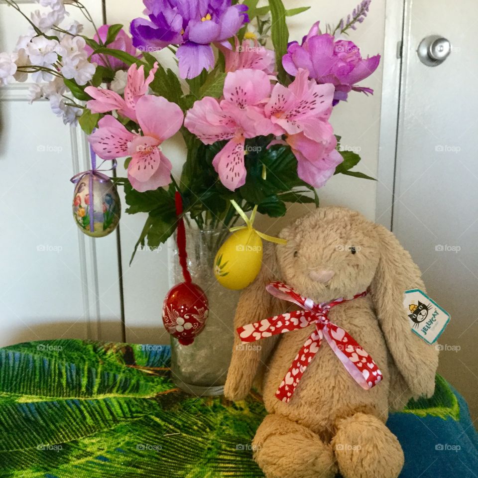 Spring flowers with Easter decoration 
