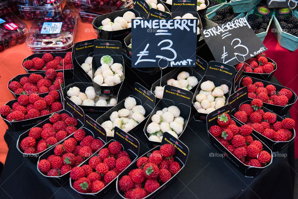 Strasberry and Pineberry at Borough Market in London.