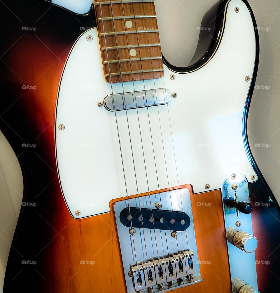 Closeup of my Fender Telecaster pau ferro sunburst electric guitar.