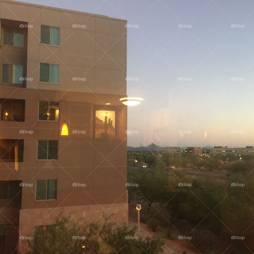 Hotel window sunset