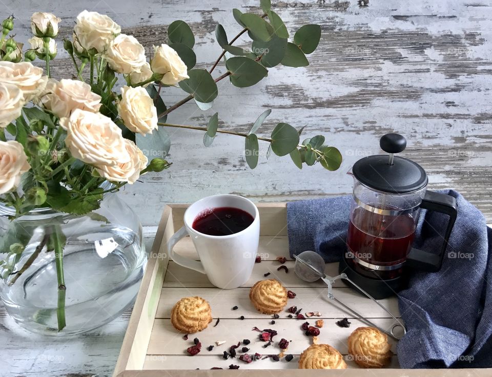 Healthy breakfast with rose flower