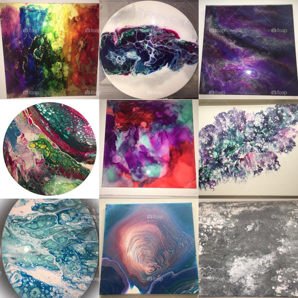 These are some of my wife’s creations. Resinating Treasures is her business. She creates jewelry using sea glass, polished stones, & poured acrylic paint. She also creates poured acrylic paintings like you see here. Etsy.com/shop/ResinatingTreasures