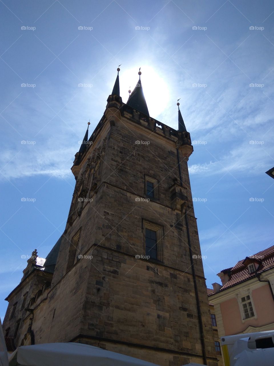 Tower in Prague on sunny day.