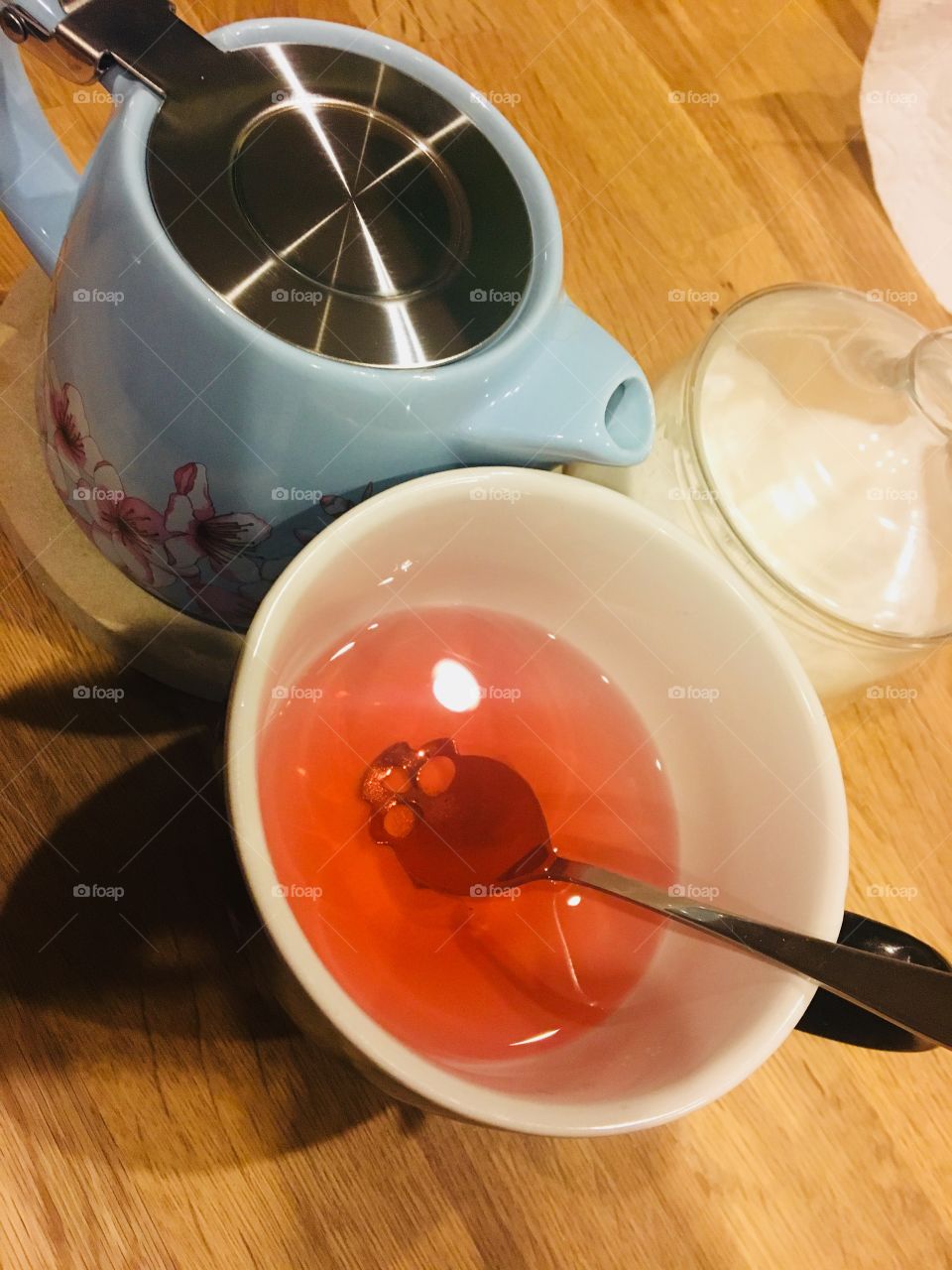 Rose tea bright skull crossbones pink black white wood sugar flower teapot