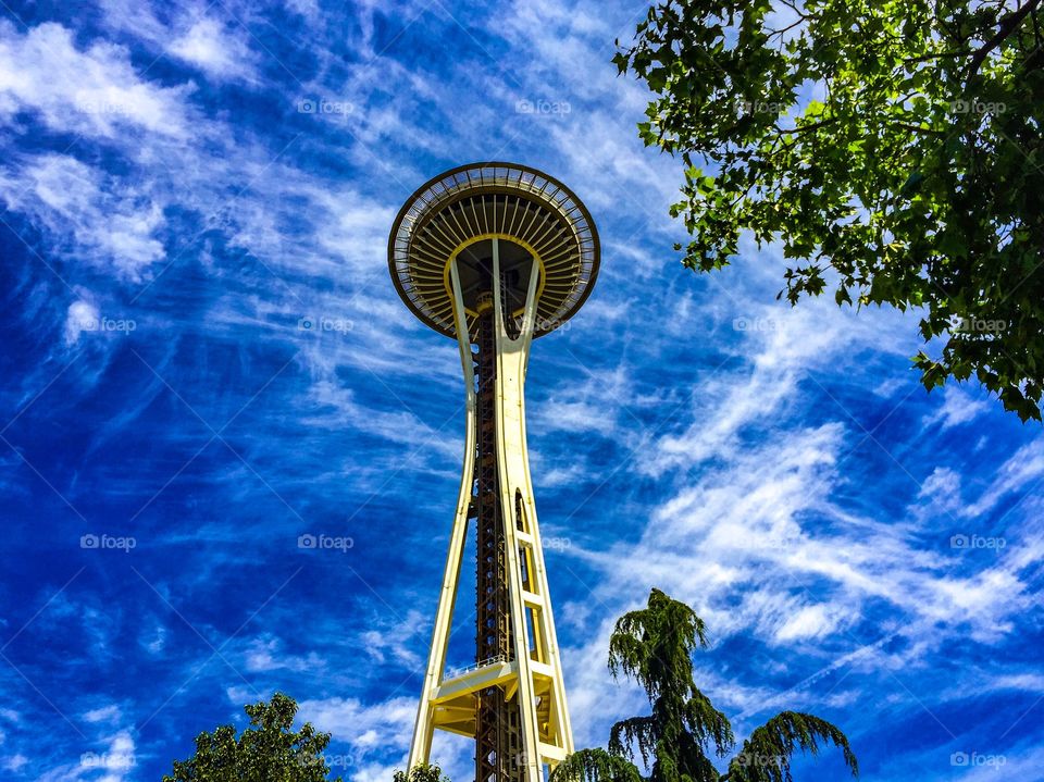 Space Needle surrounded by clouds