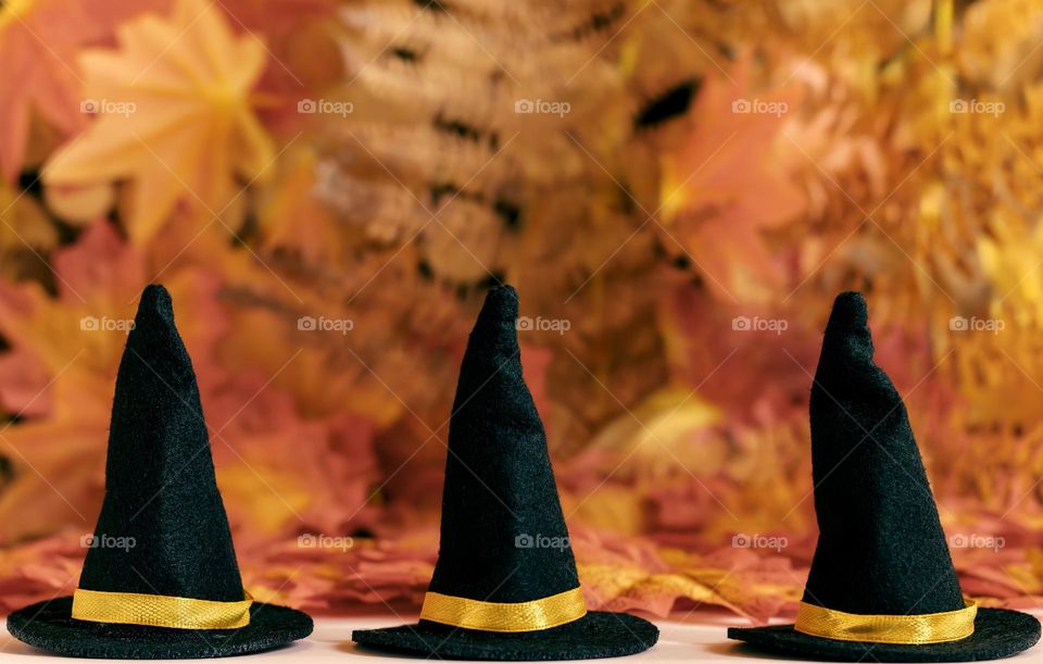 3 Witch’s hats against a background of autumnal foliage