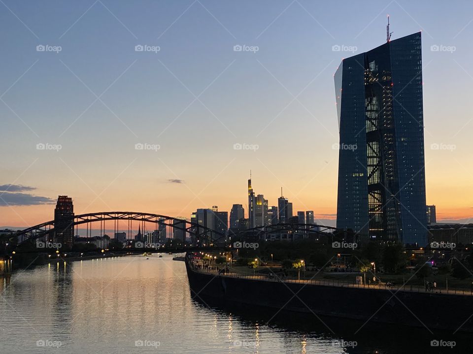 Sunset in Frankfurt with Skyline as background 